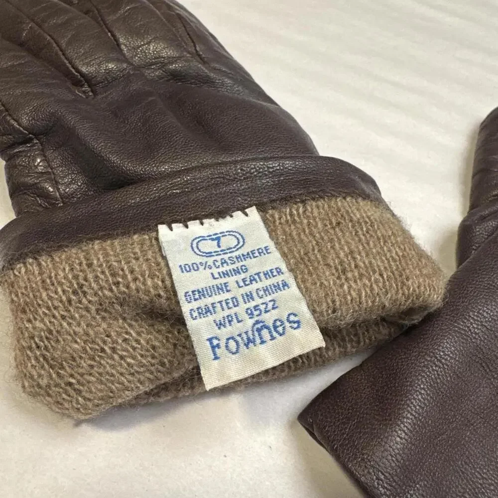 Vintage Fownes Espresso Brown‎ Leather Gloves 100% Cashmere Lined size 7